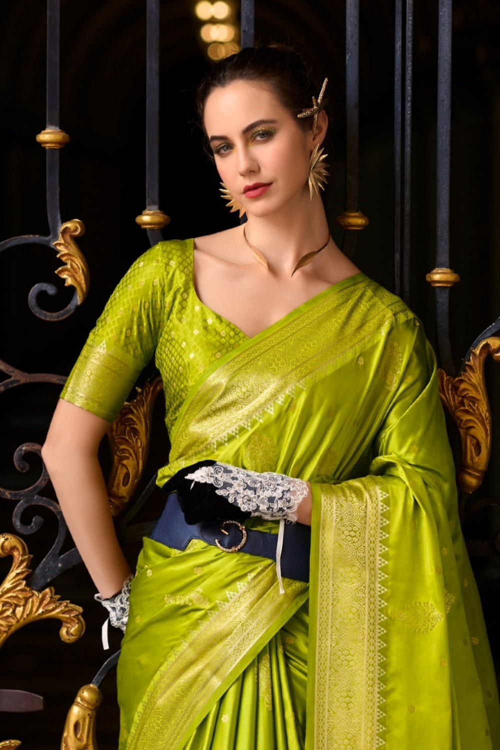 Lime Green Sattin Mungha Silk Saree