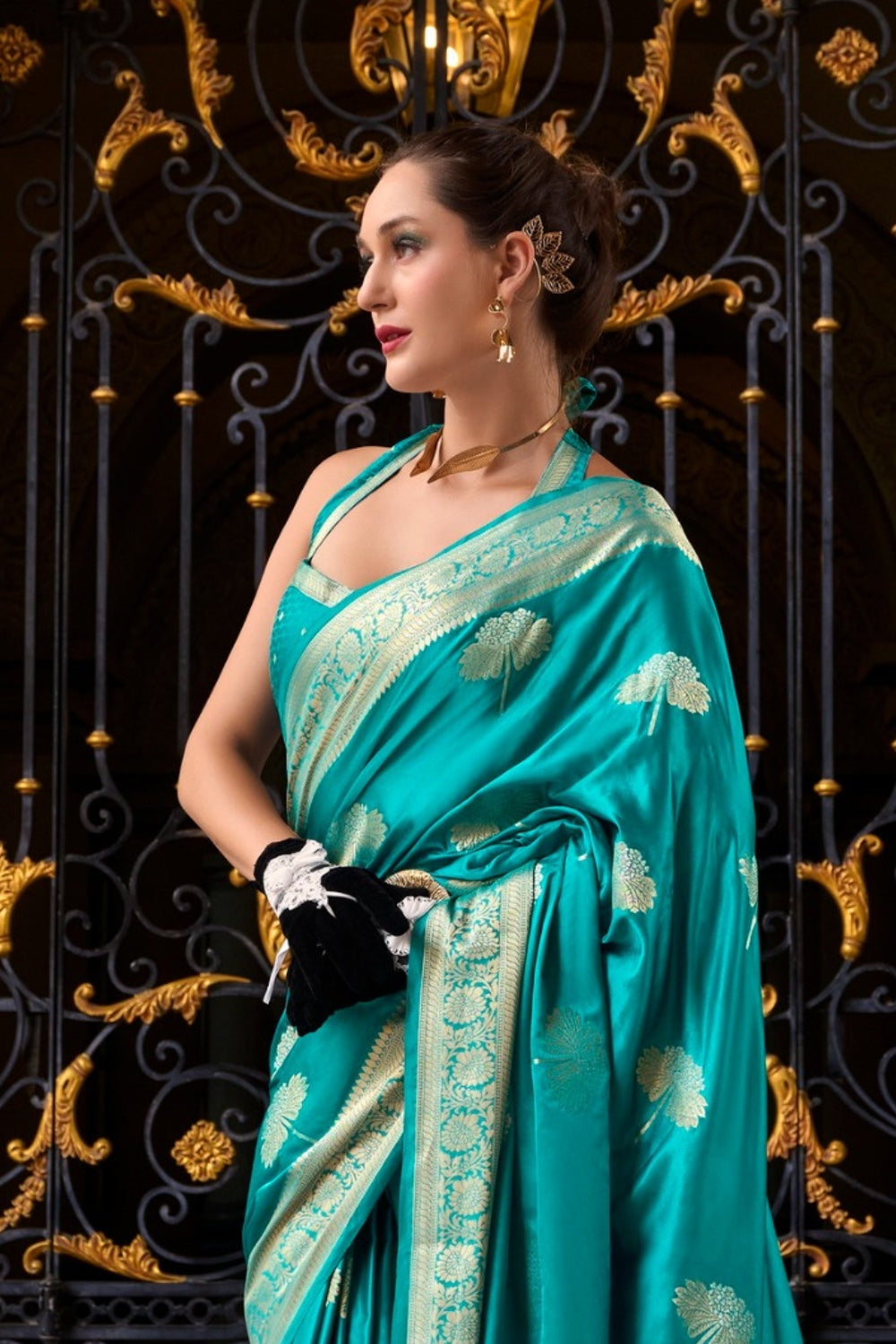 Turquoise Sattin Mungha Silk Saree