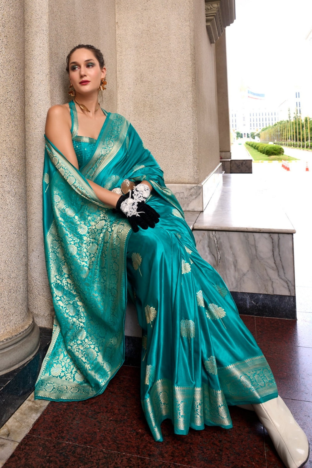 Turquoise Sattin Mungha Silk Saree