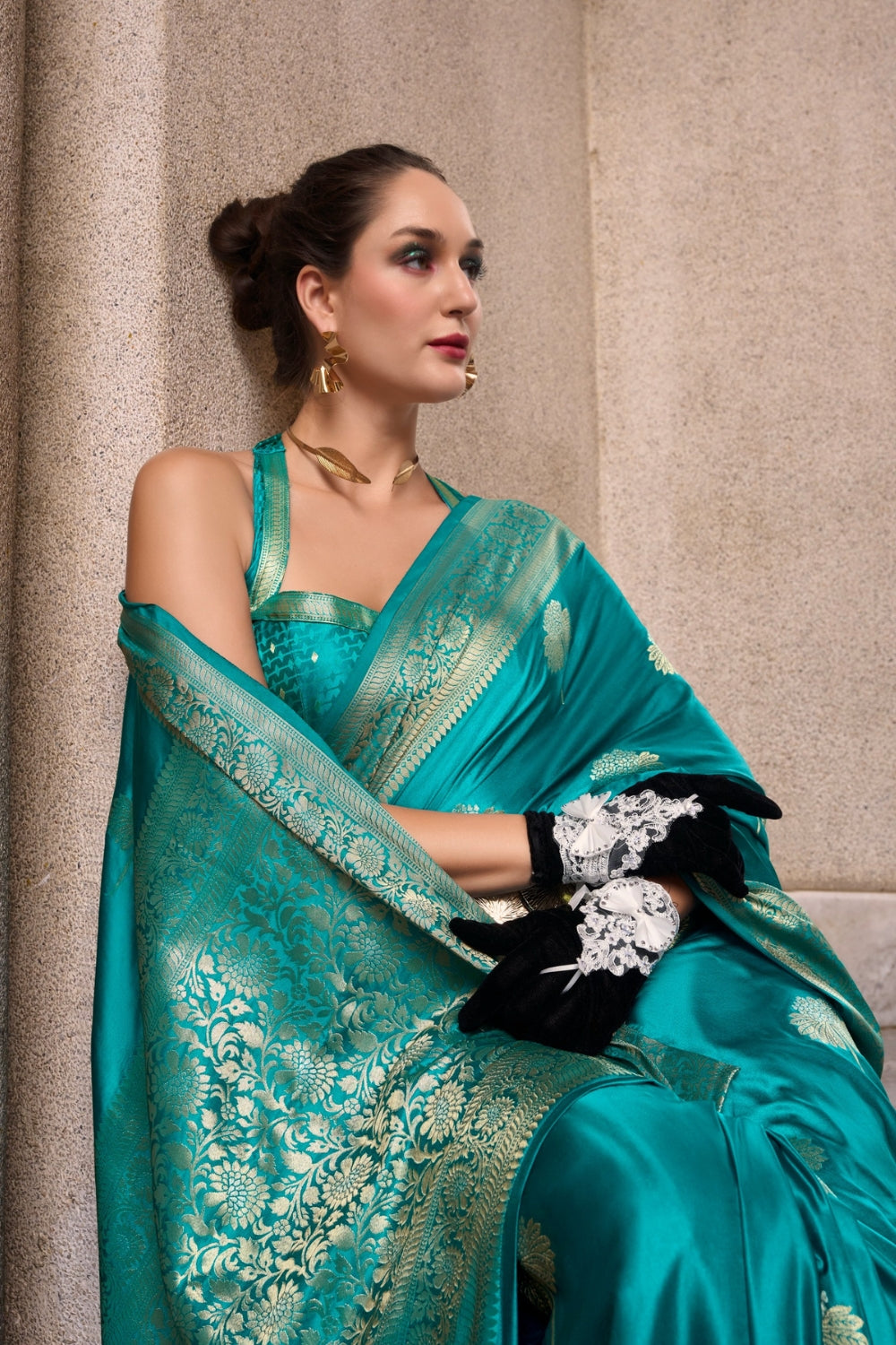 Turquoise Sattin Mungha Silk Saree