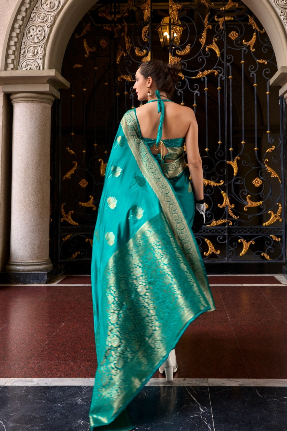 Turquoise Sattin Mungha Silk Saree