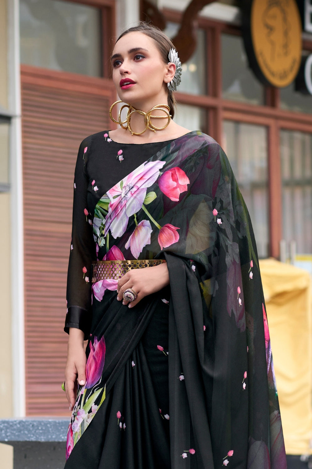 Black Pure Georgette Saree With Exclusive Print Saree