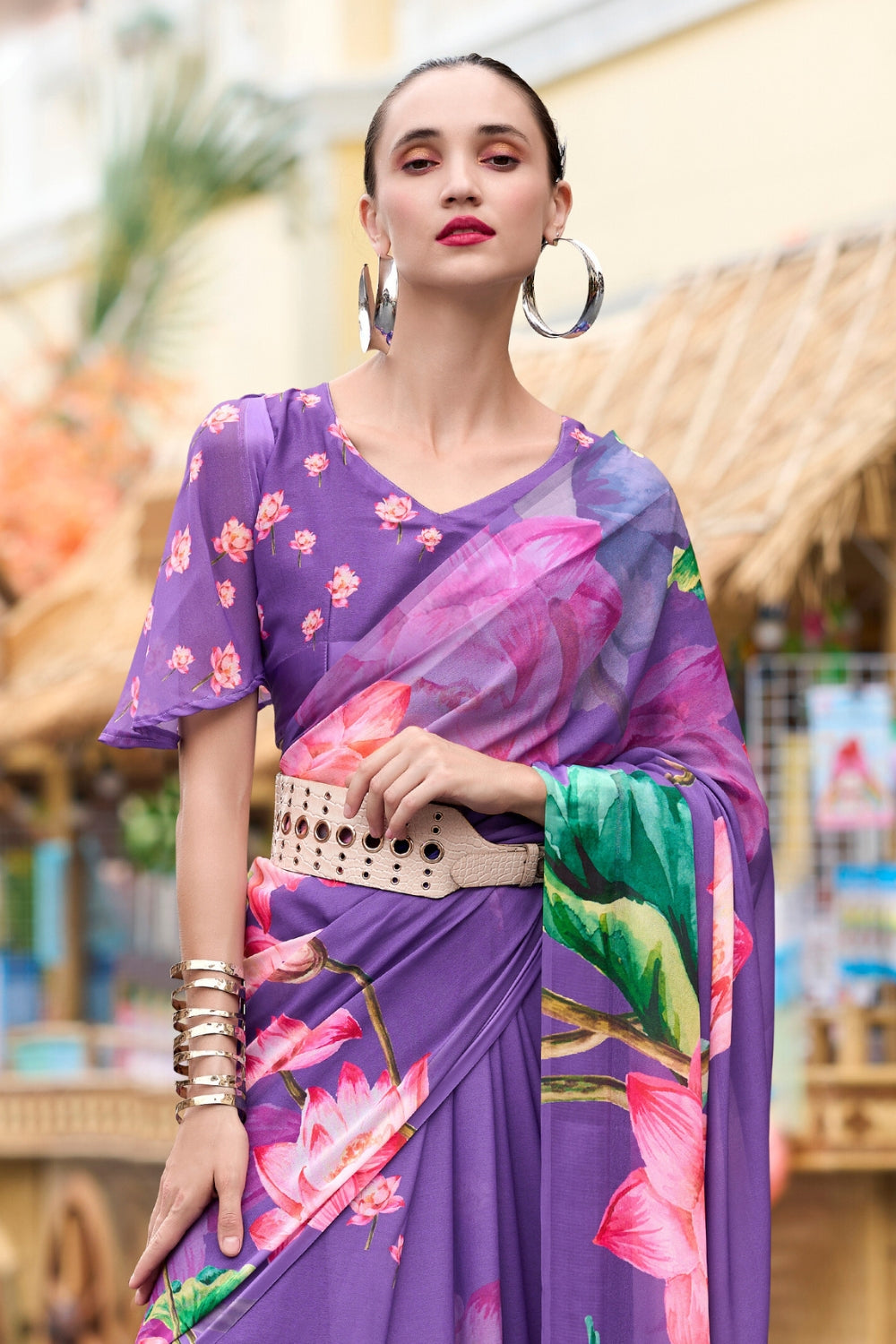 Purple Pure Georgette Saree With Exclusive Print Saree