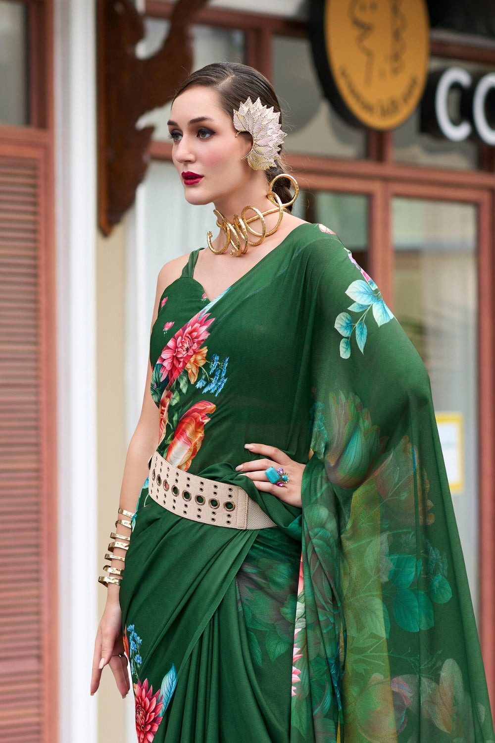 Dark Green Pure Georgette Saree With Exclusive Print Saree