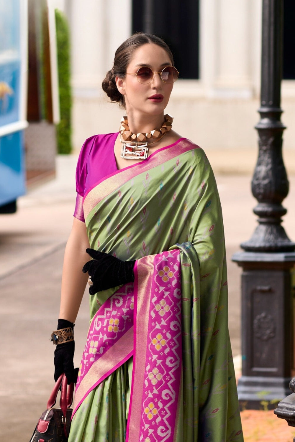 Green Soft Silk With Ikkat Border Saree