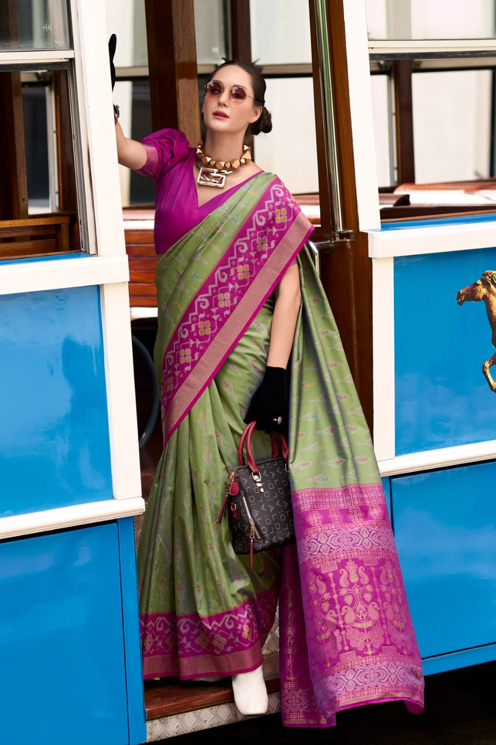 Green Soft Silk With Ikkat Border Saree