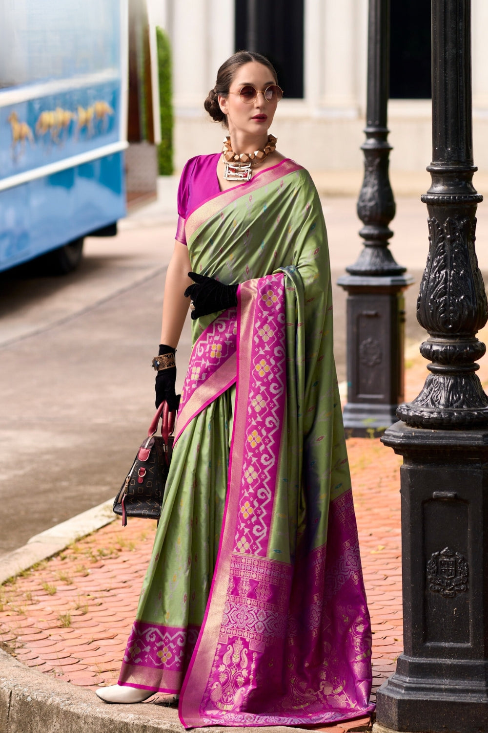 Green Soft Silk With Ikkat Border Saree