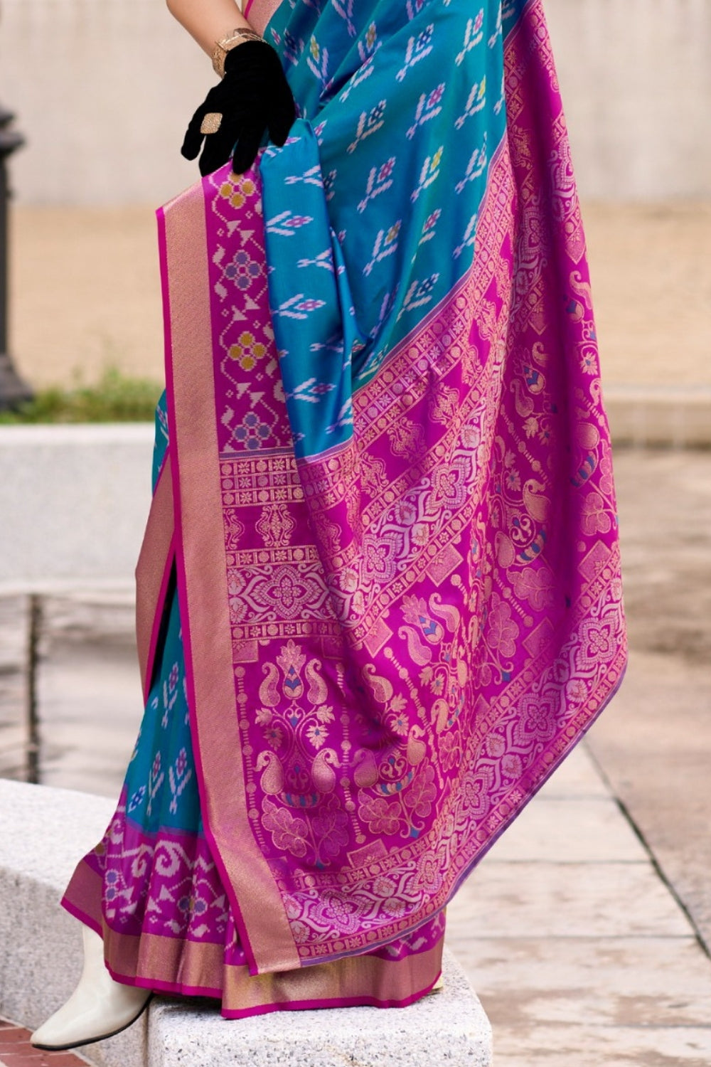 Blue Soft Silk With Ikkat Border Saree