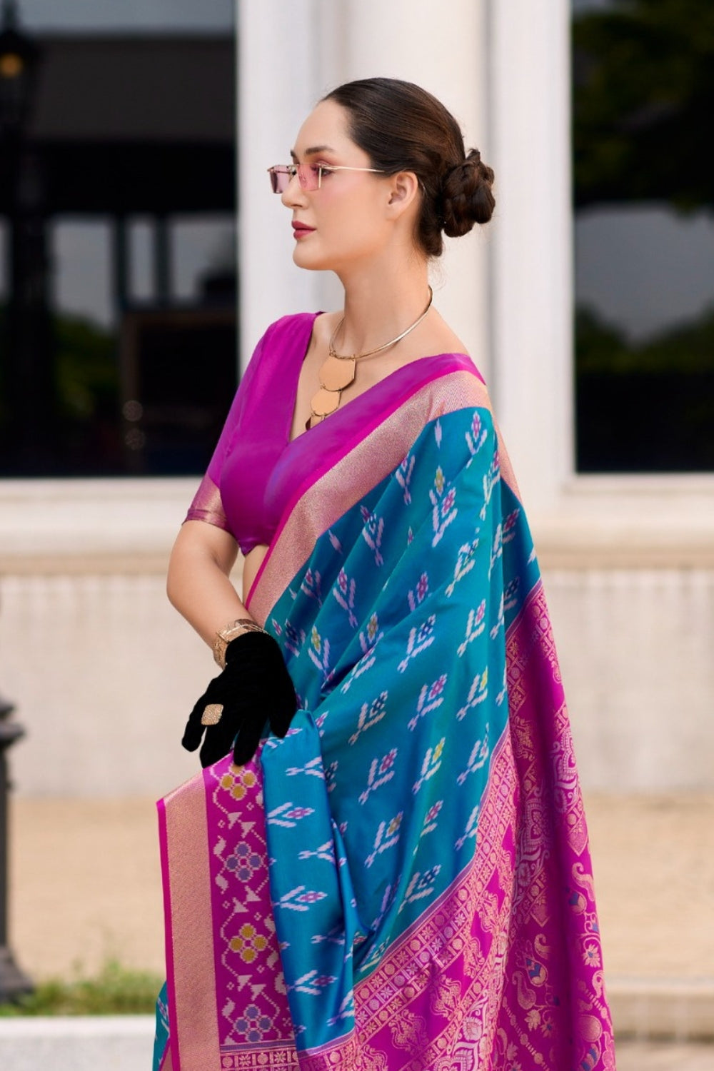 Blue Soft Silk With Ikkat Border Saree