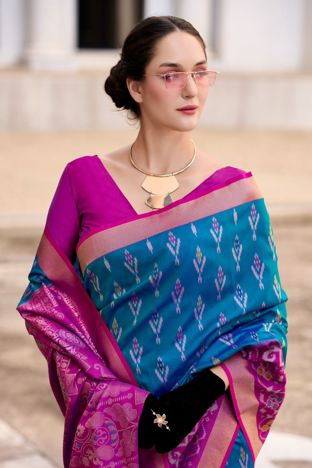 Blue Soft Silk With Ikkat Border Saree