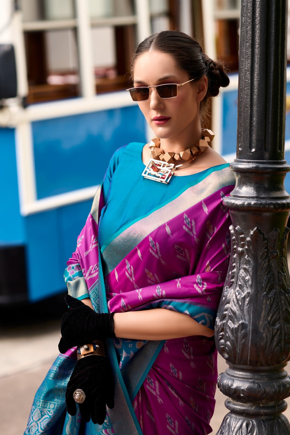 Blue Soft Silk With Ikkat Border Saree