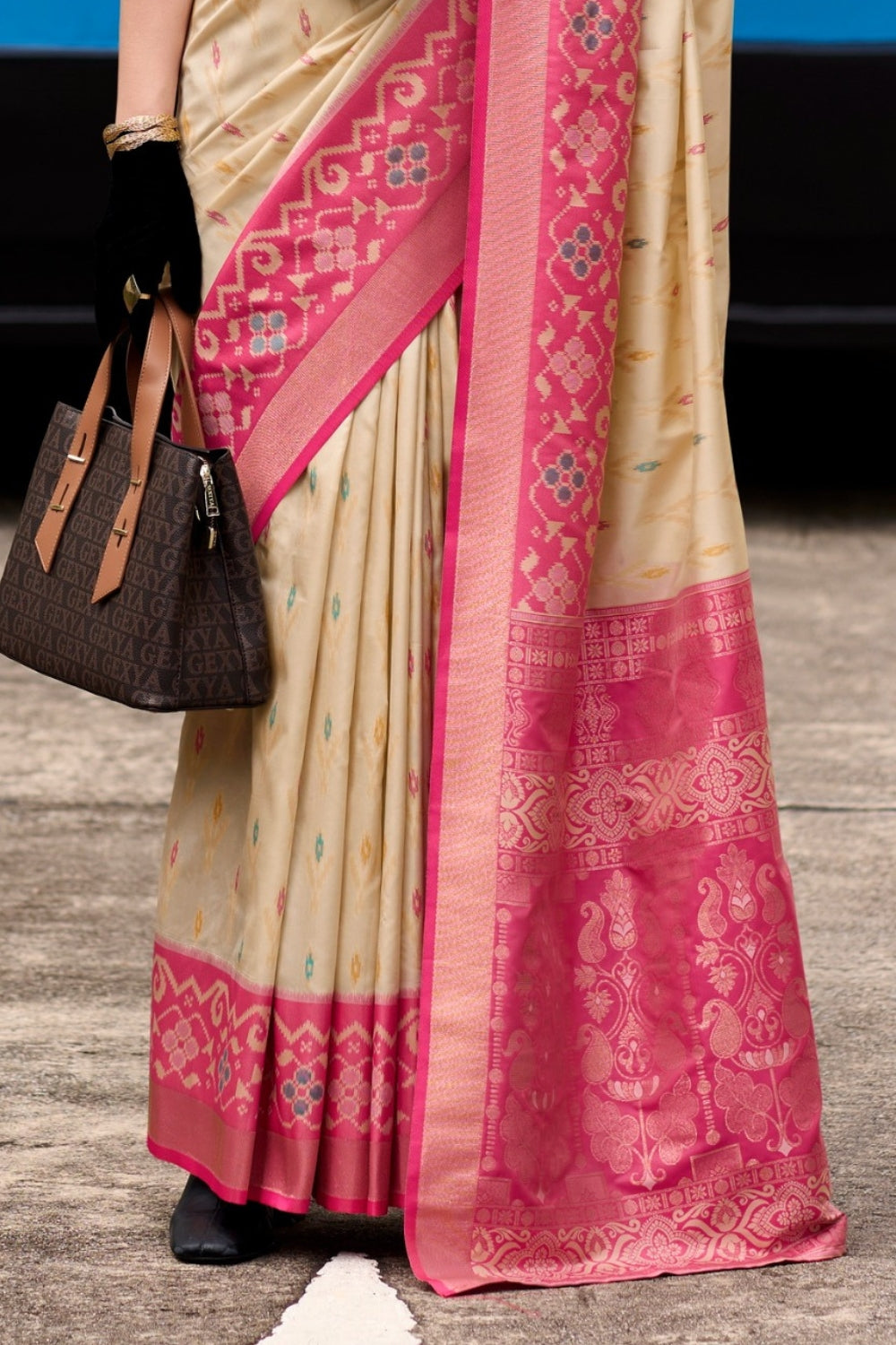 Beige Soft Silk With Ikkat Border Saree