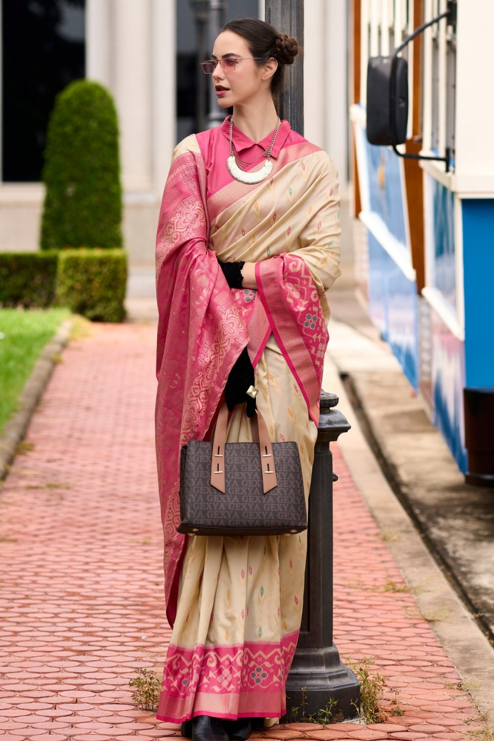 Beige Soft Silk With Ikkat Border Saree