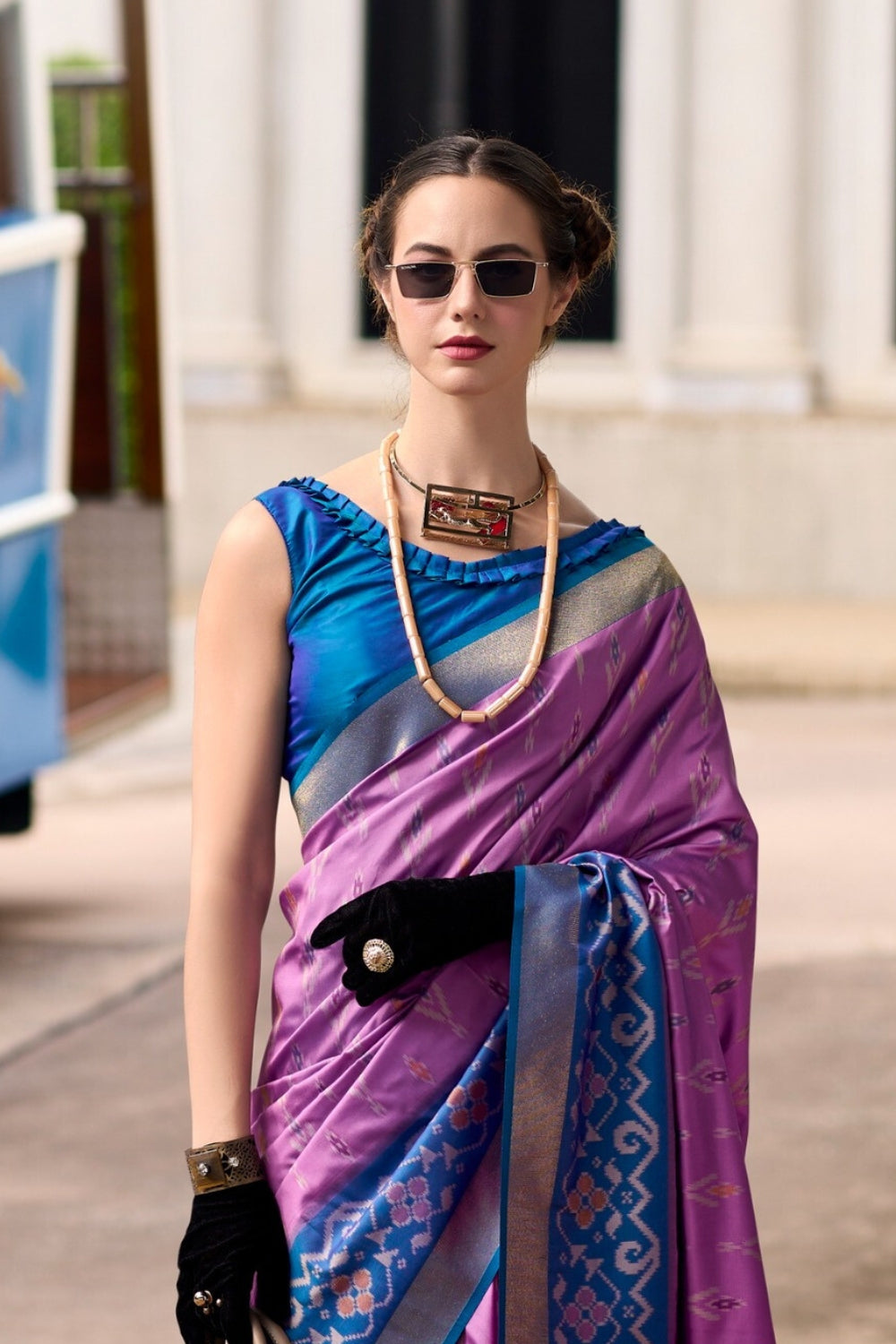 Lavender Soft Silk With Ikkat Border Saree