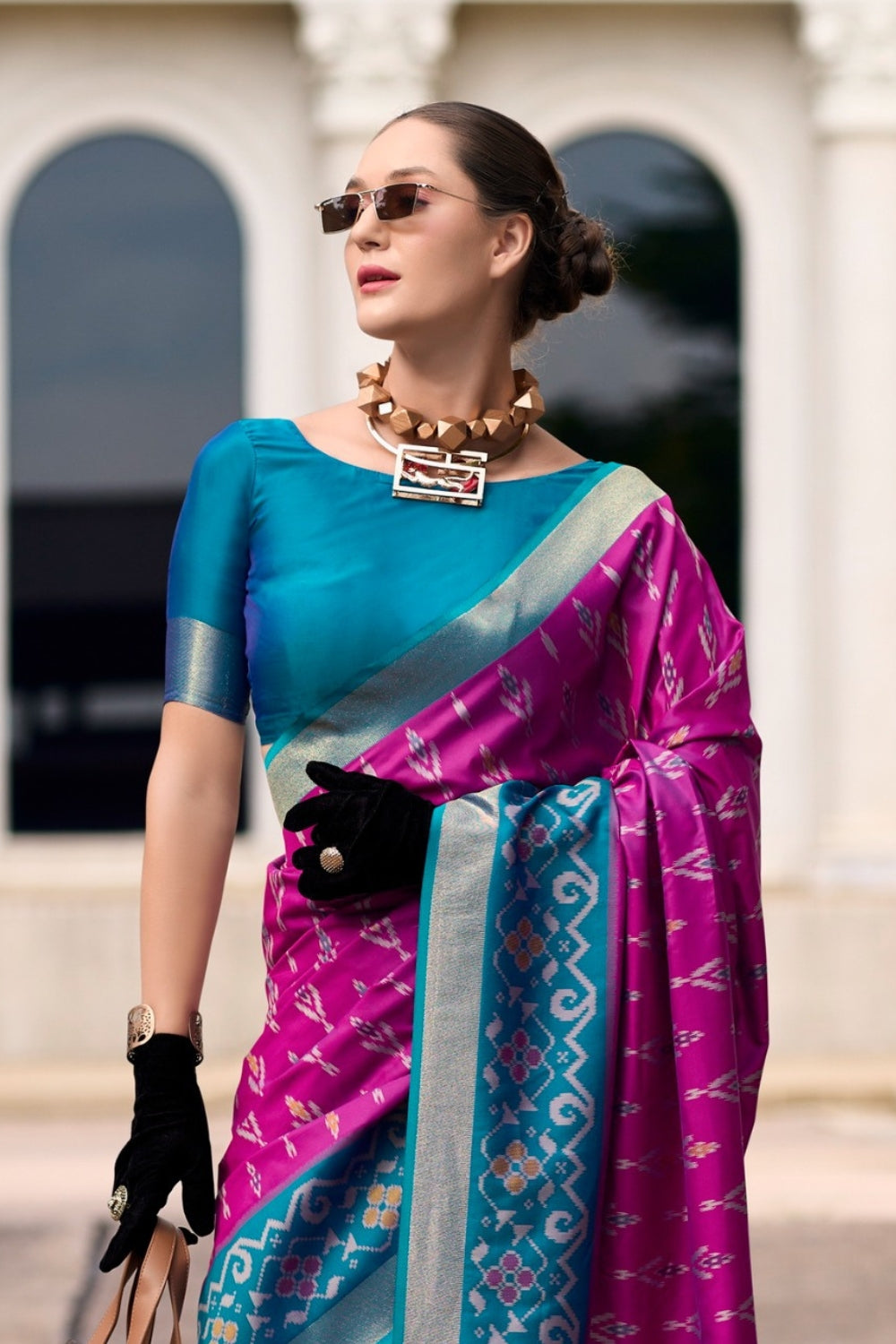 Purple Soft Silk With Ikkat Border Saree