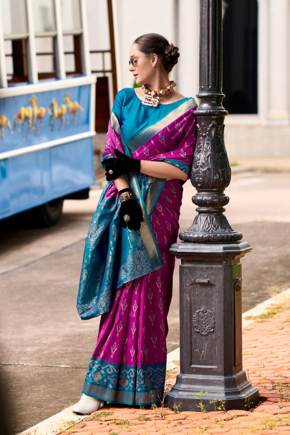 Purple Soft Silk With Ikkat Border Saree