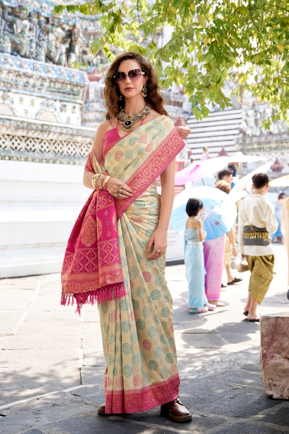 White Soft Banarasi Bandhani Silk Saree