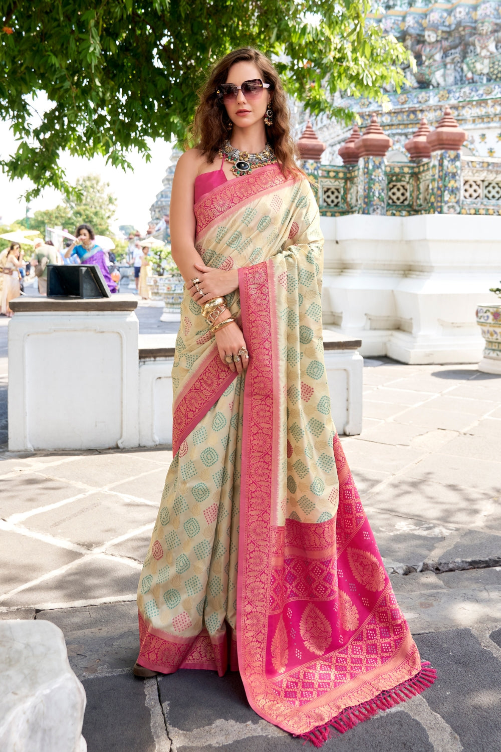 White Soft Banarasi Bandhani Silk Saree