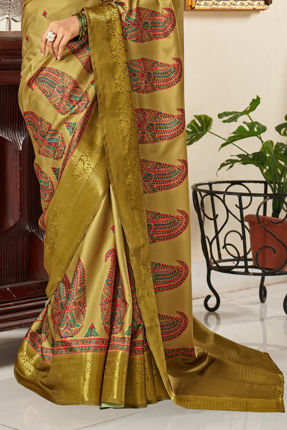 Dark Green Pure Satin Digital Saree