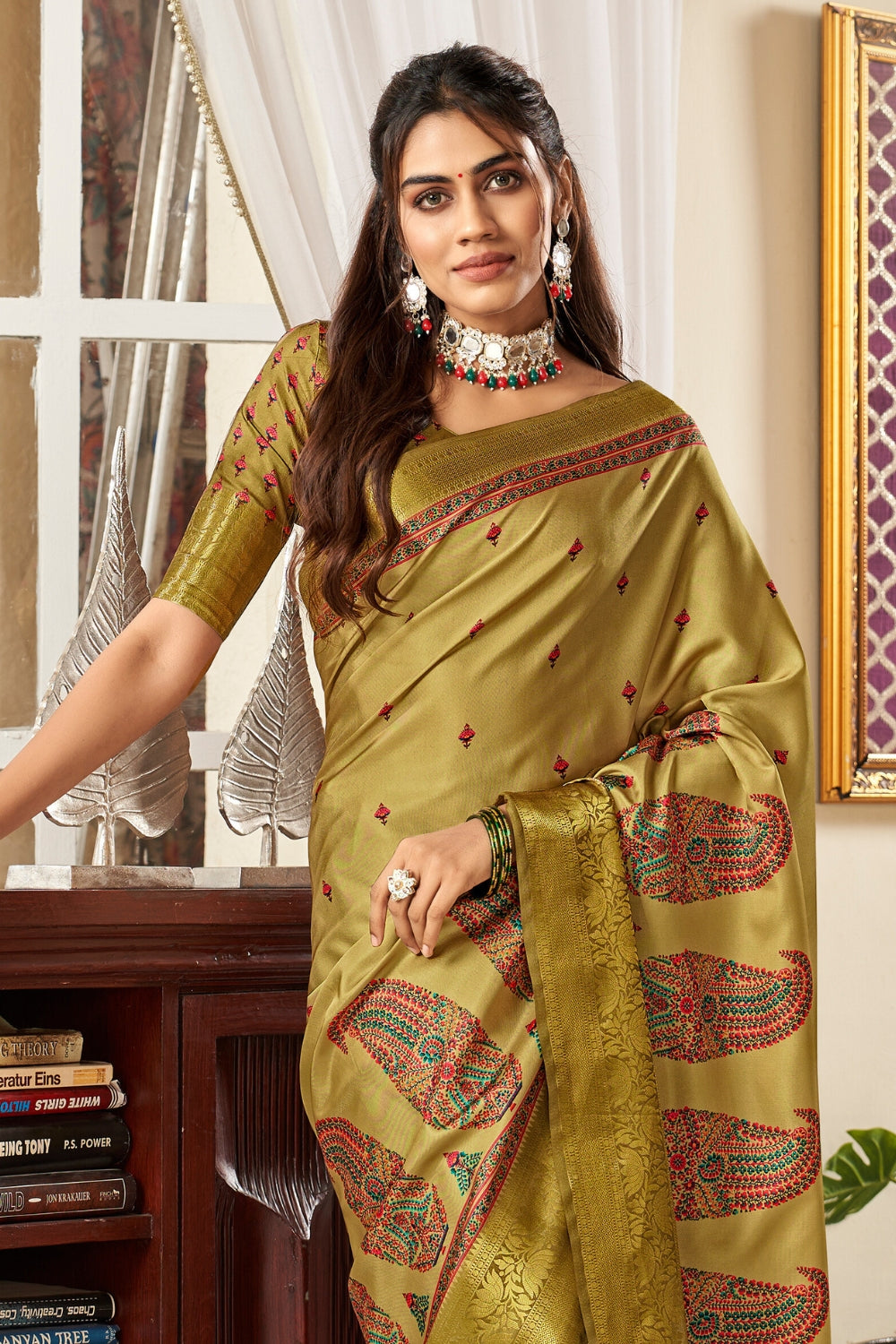 Dark Green Pure Satin Digital Saree