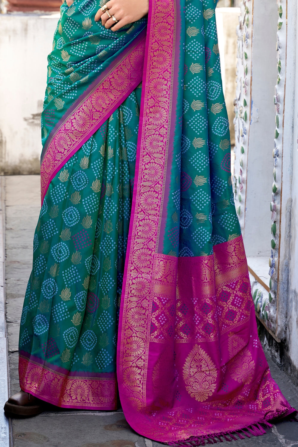 Teal Soft Banarasi Bandhani Silk Saree