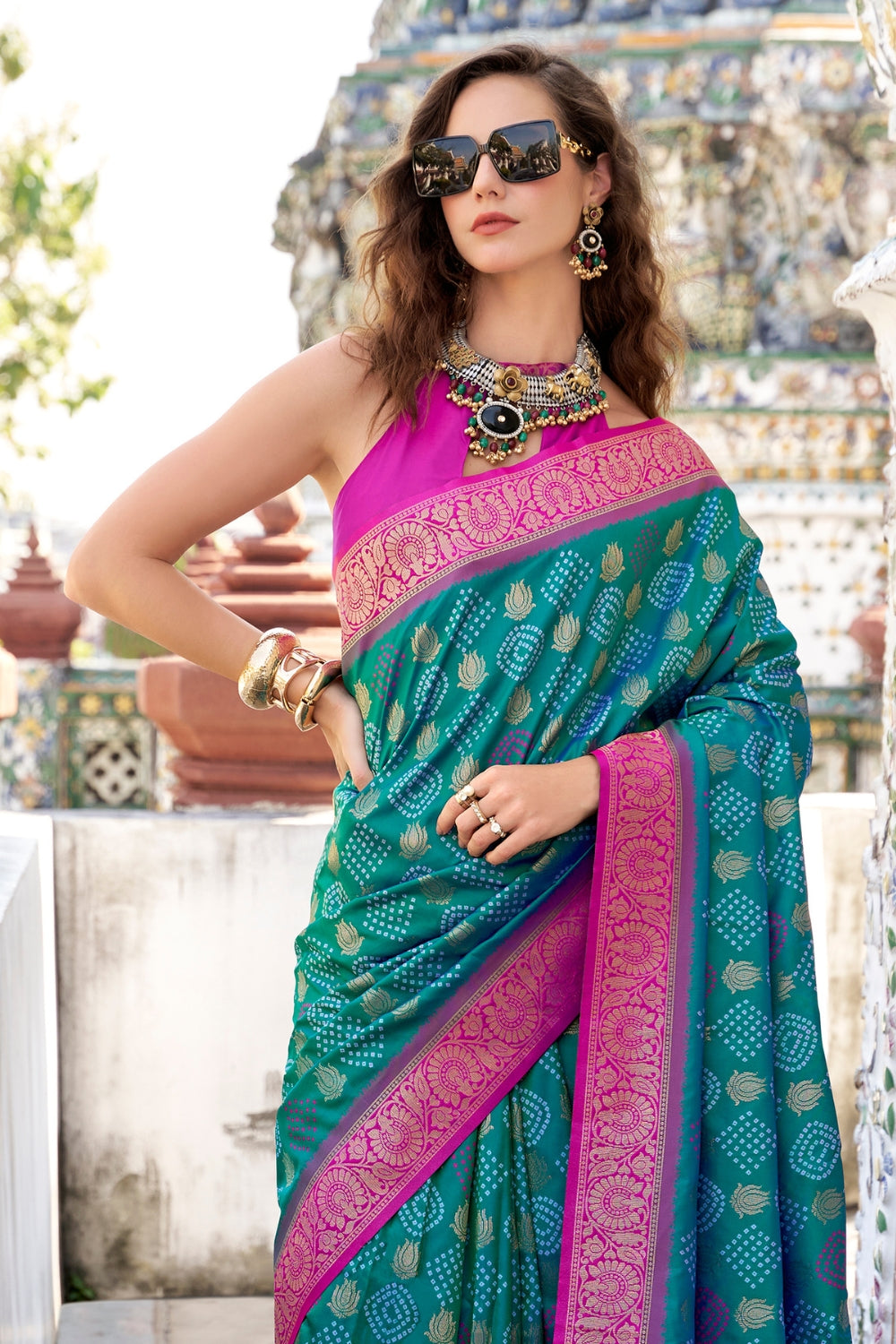 Teal Soft Banarasi Bandhani Silk Saree