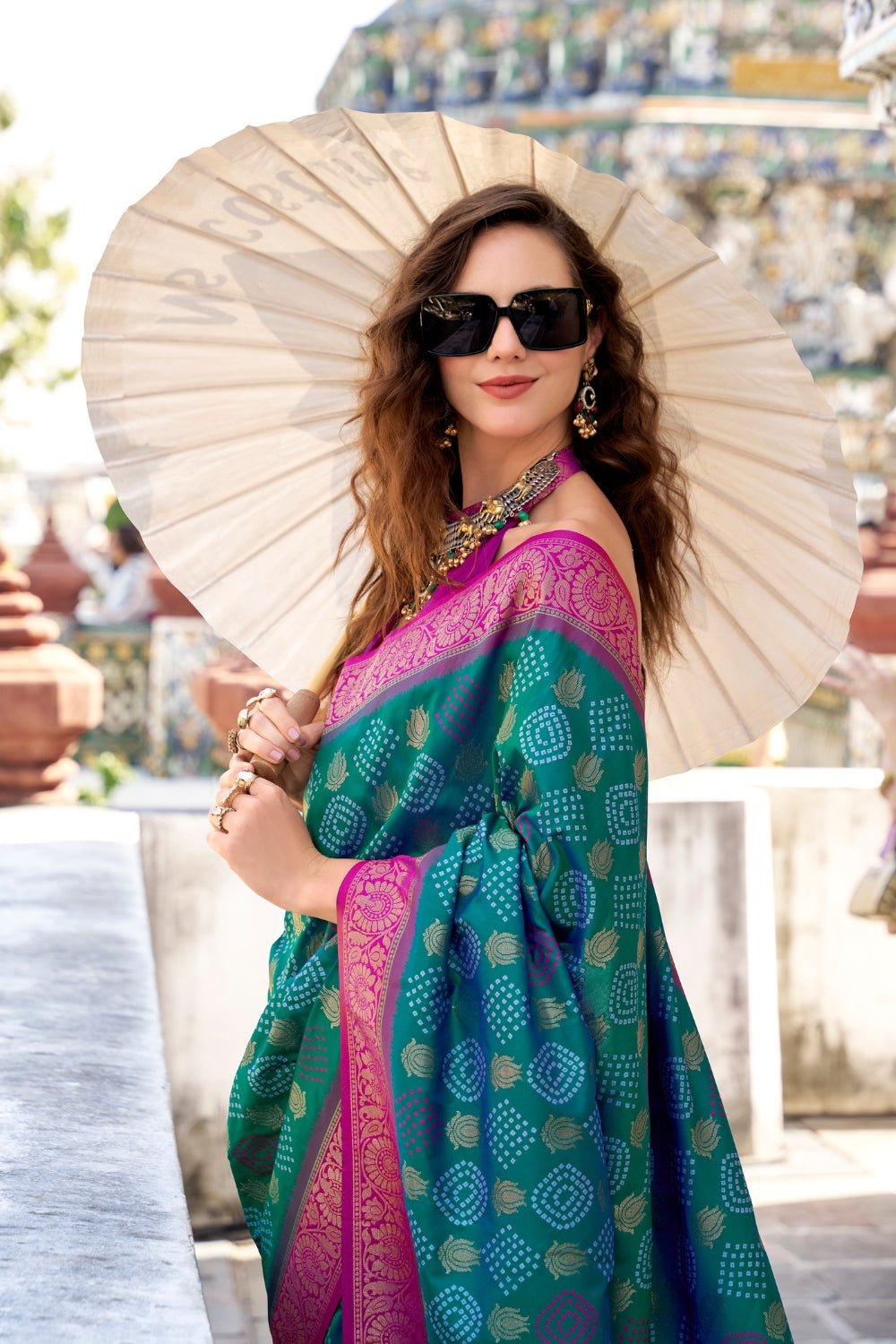 Teal Soft Banarasi Bandhani Silk Saree