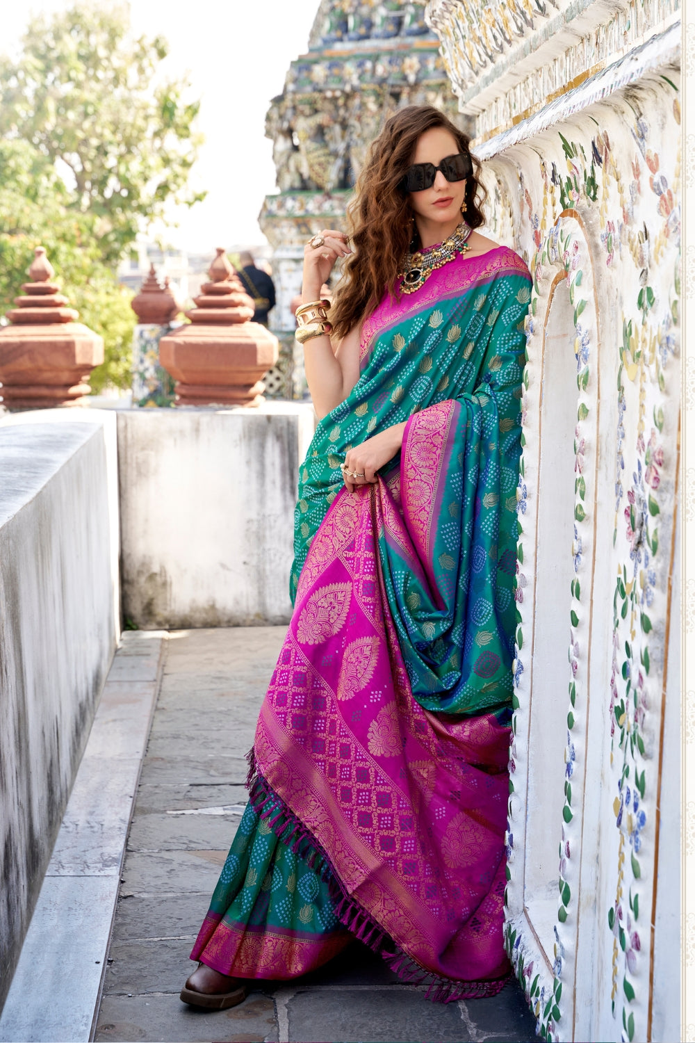 Teal Soft Banarasi Bandhani Silk Saree