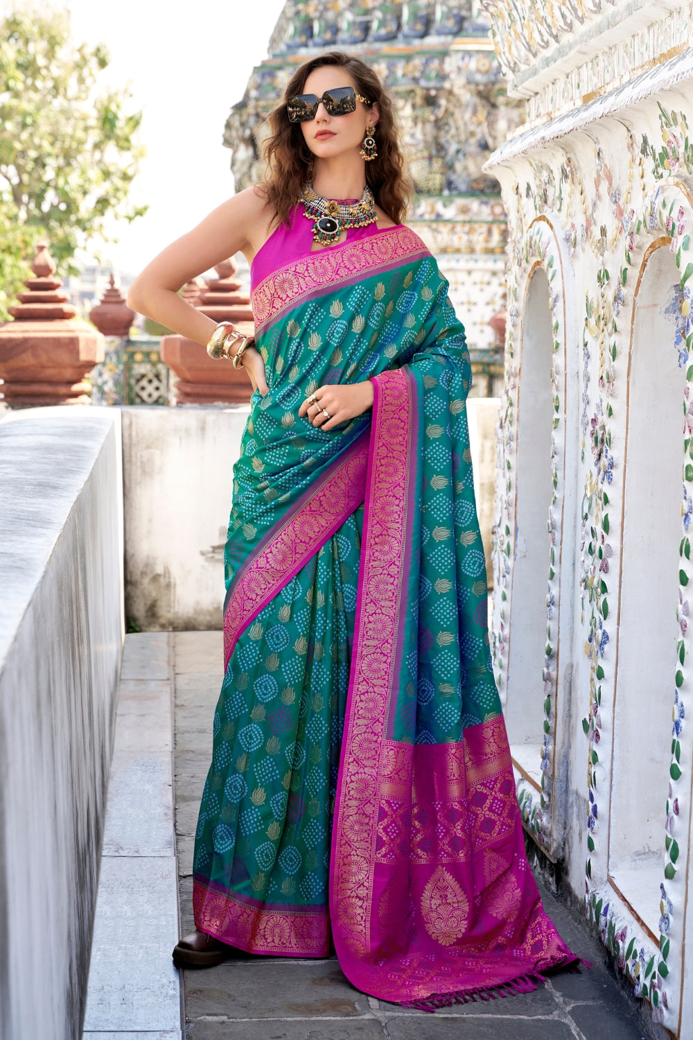 Teal Soft Banarasi Bandhani Silk Saree