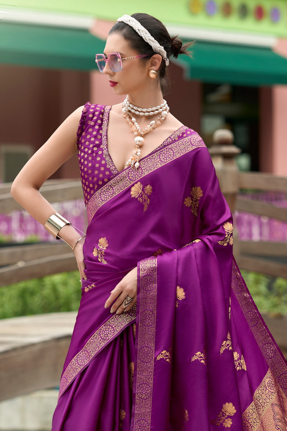 Purple Pure Sattin Handwoven With Zari weaving Saree