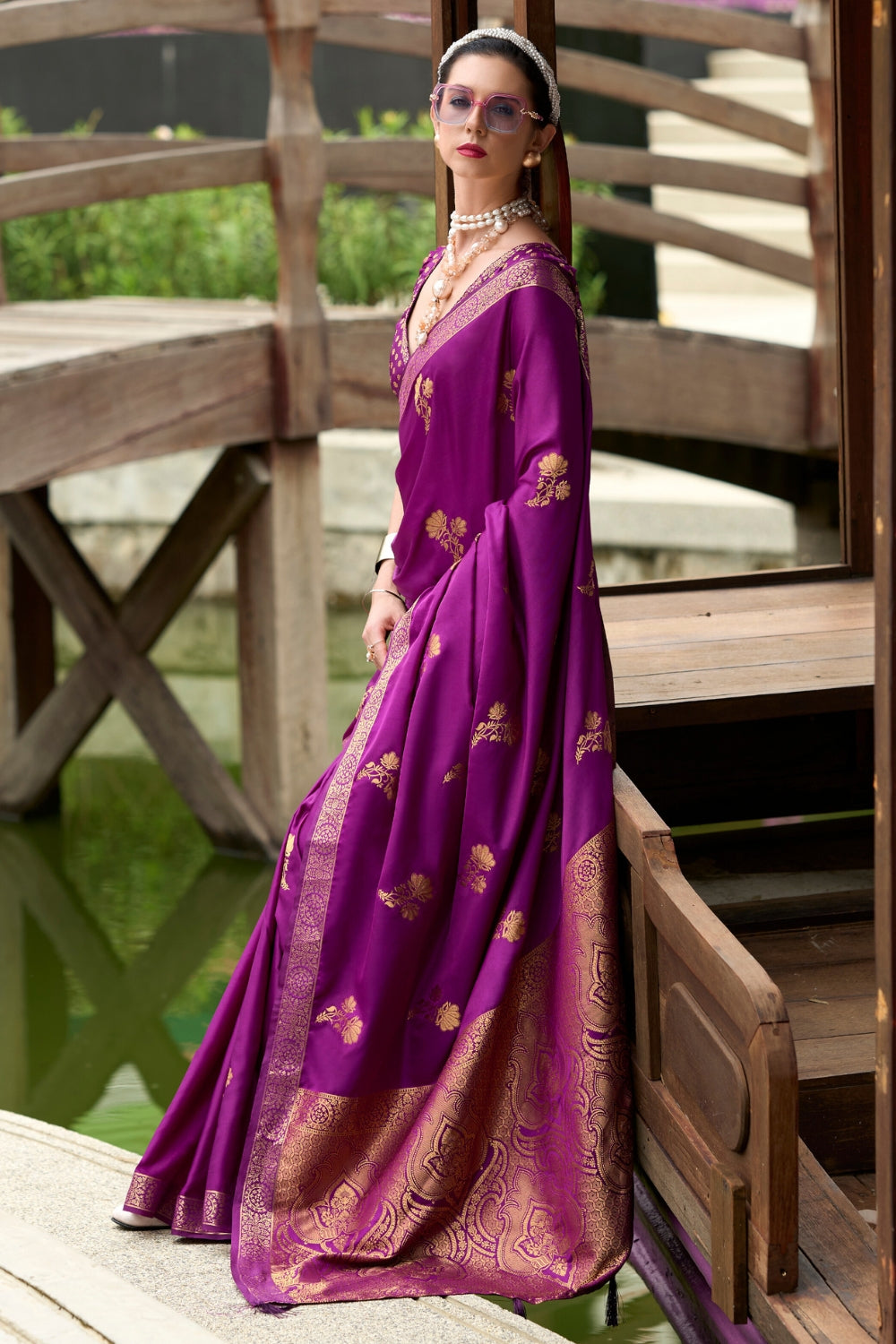 Purple Pure Sattin Handwoven With Zari weaving Saree