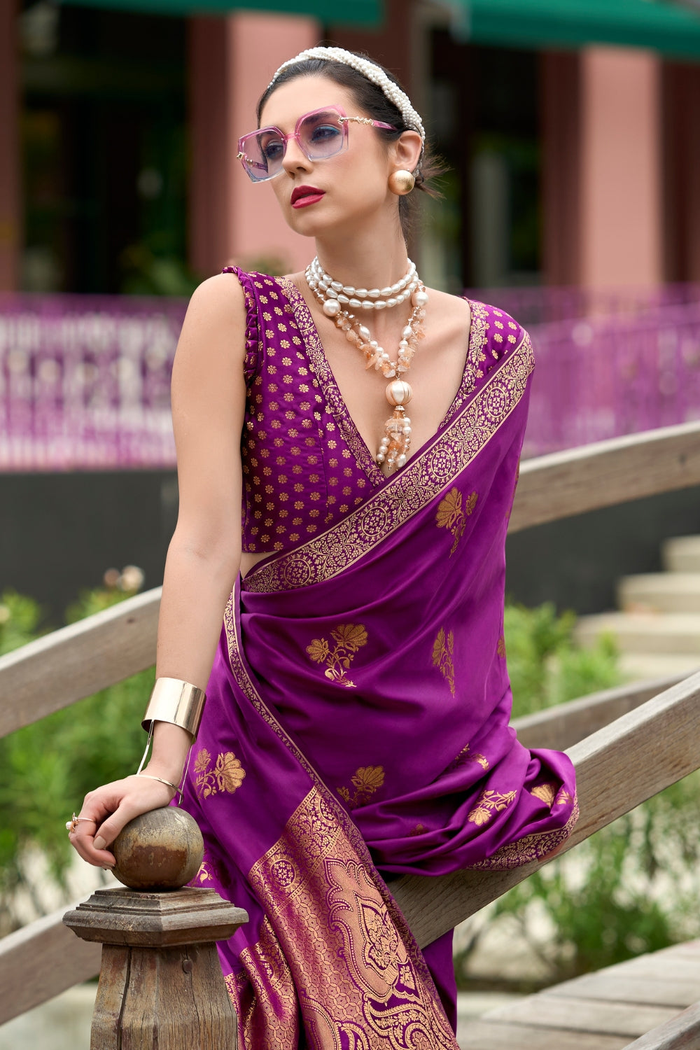 Purple Pure Sattin Handwoven With Zari weaving Saree