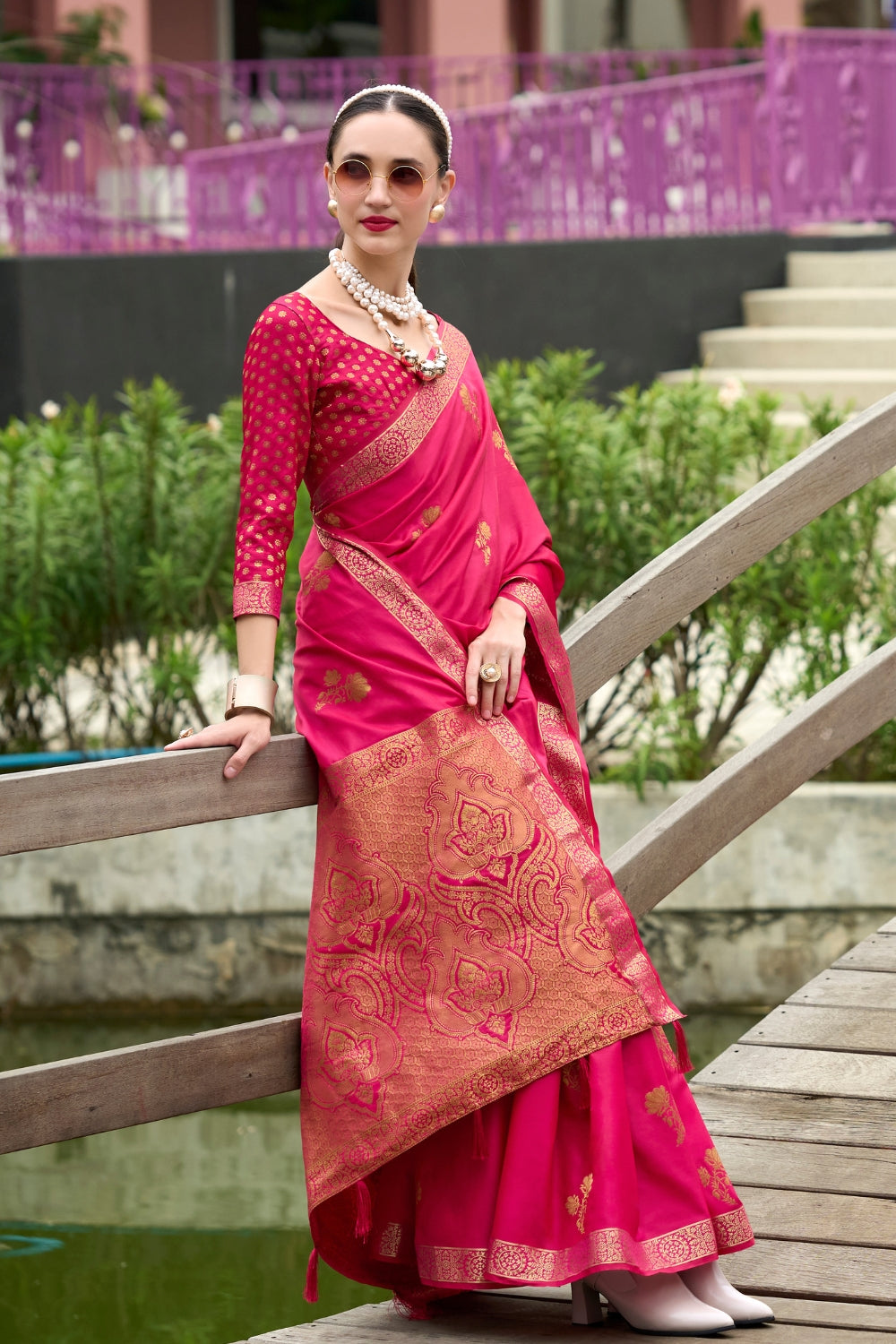 Red Pure Sattin Handwoven With Zari weaving Saree