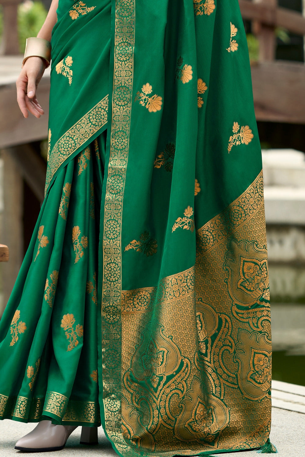 Green Pure Sattin Handwoven With Zari weaving Saree