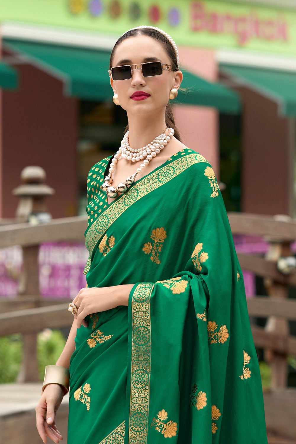 Green Pure Sattin Handwoven With Zari weaving Saree