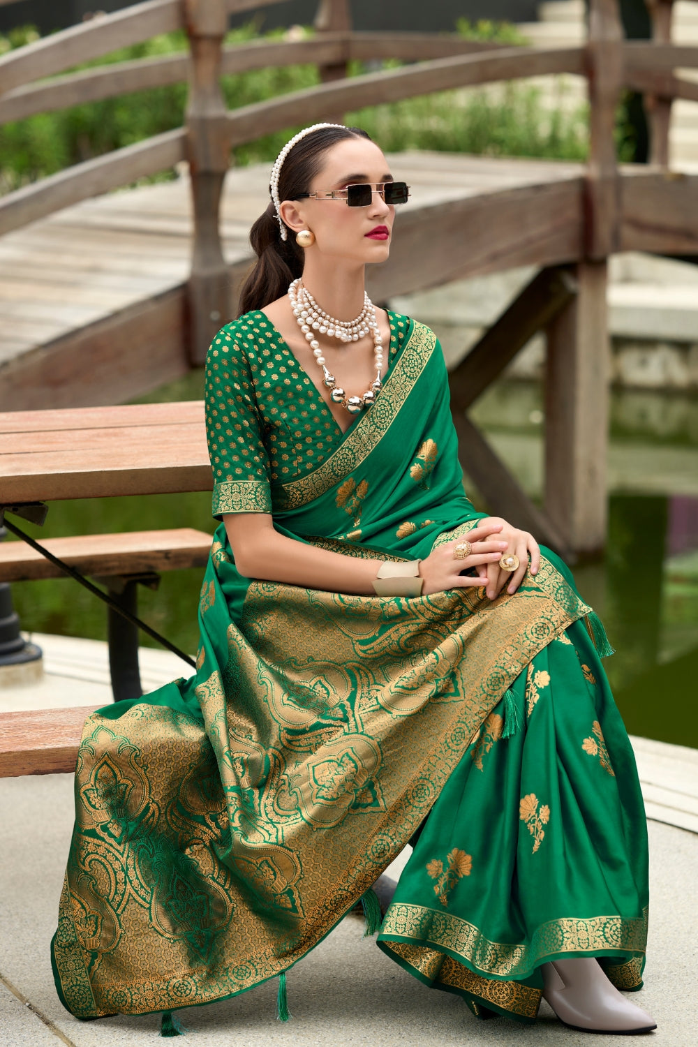 Green Pure Sattin Handwoven With Zari weaving Saree