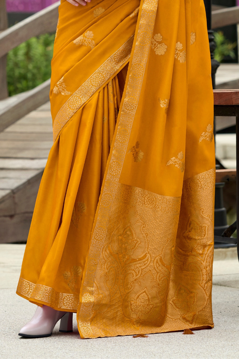 Yellow Pure Sattin Handwoven With Zari weaving Saree