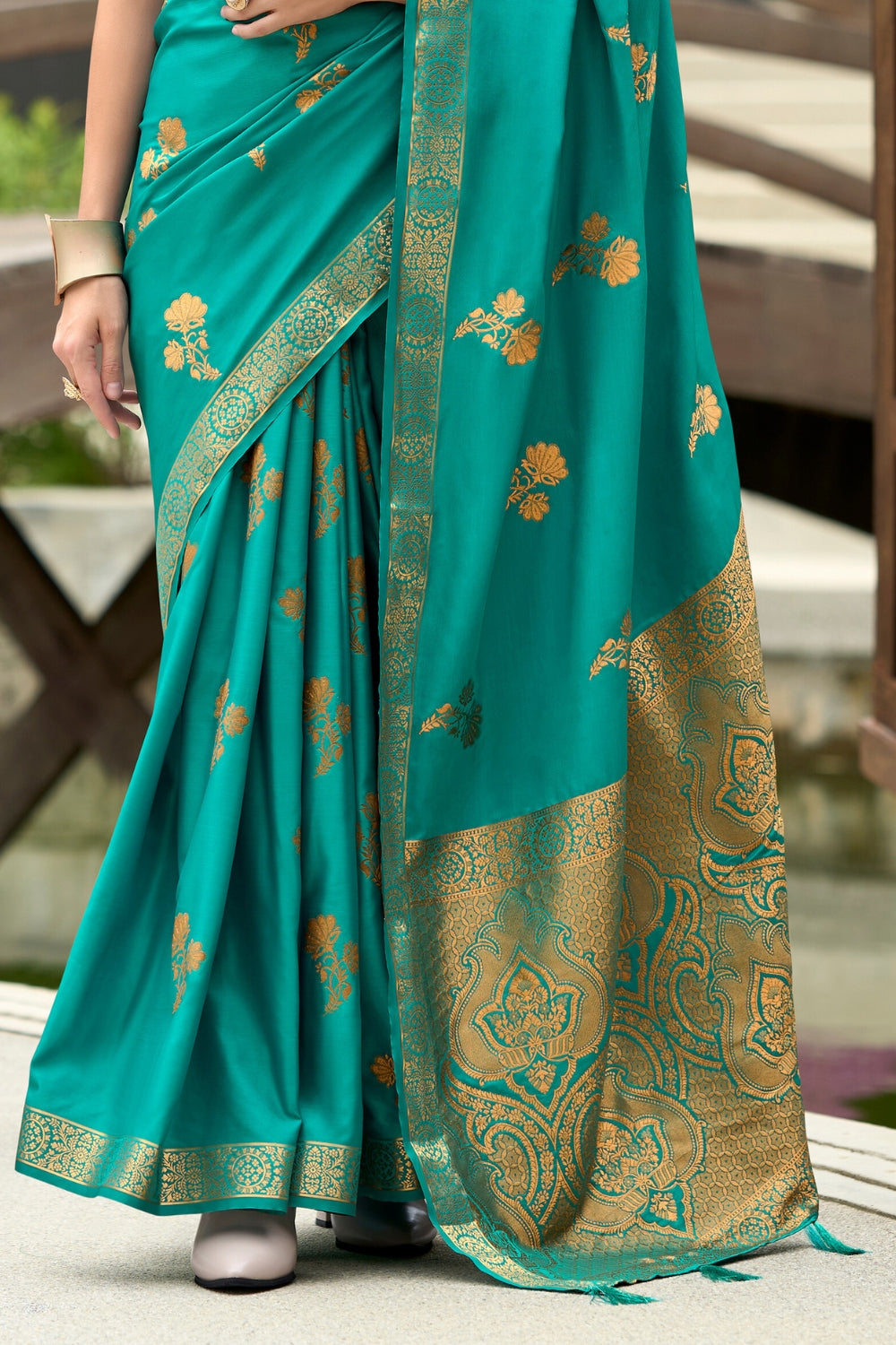 Turquoise Pure Sattin Handwoven With Zari weaving Saree