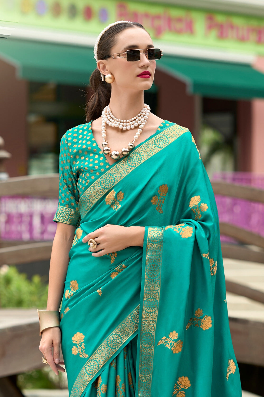 Turquoise Pure Sattin Handwoven With Zari weaving Saree