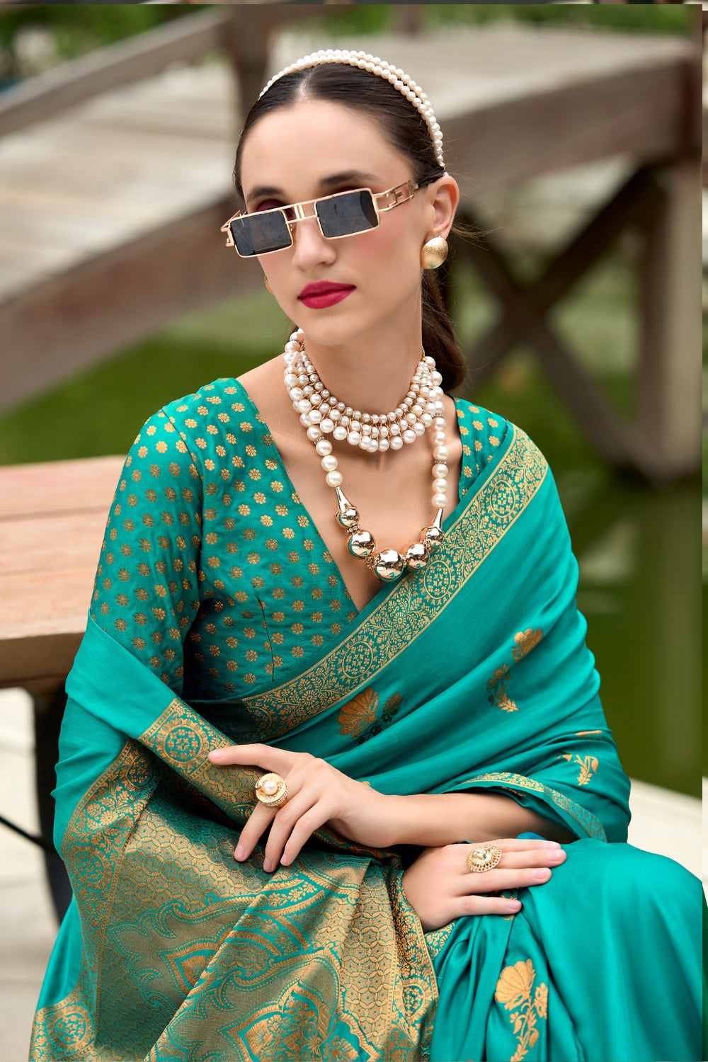 Turquoise Pure Sattin Handwoven With Zari weaving Saree