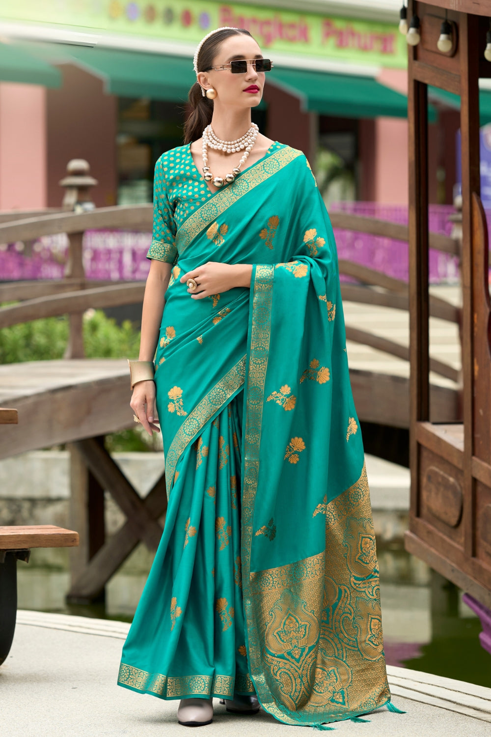 Turquoise Pure Sattin Handwoven With Zari weaving Saree