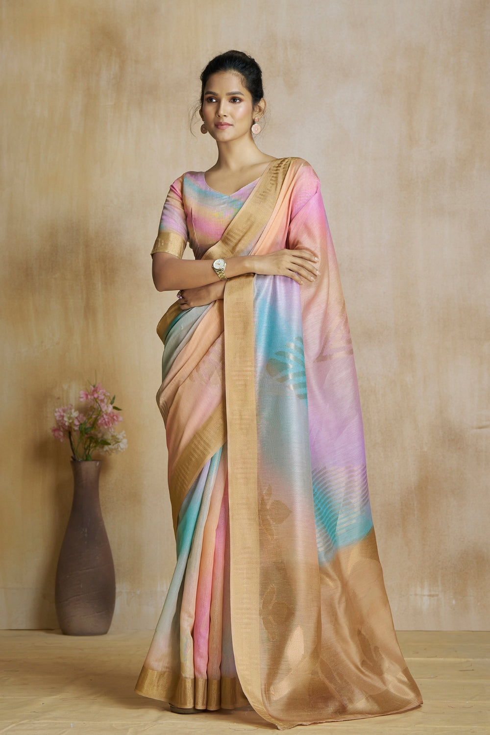 Beige Fancy Fabric With Digital Print Saree