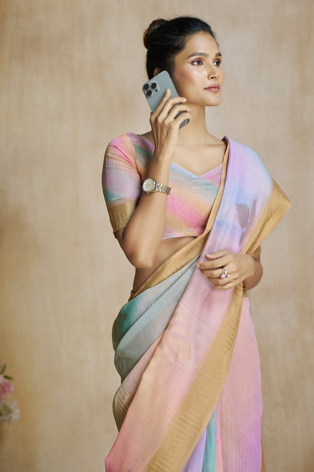 Beige Fancy Fabric With Digital Print Saree