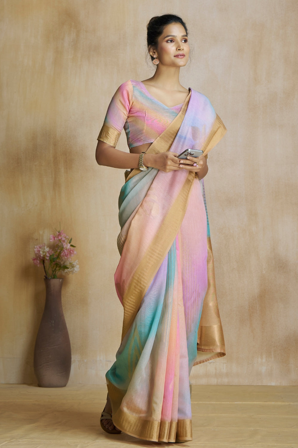 Beige Fancy Fabric With Digital Print Saree