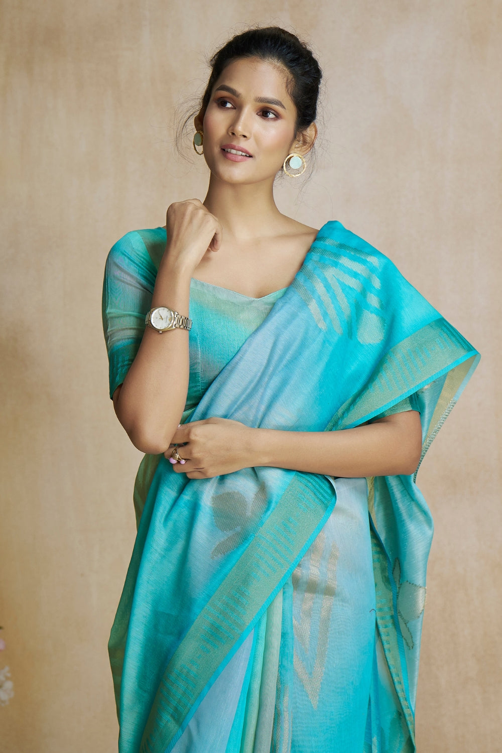 Turquoise Fancy Fabric With Digital Print Saree