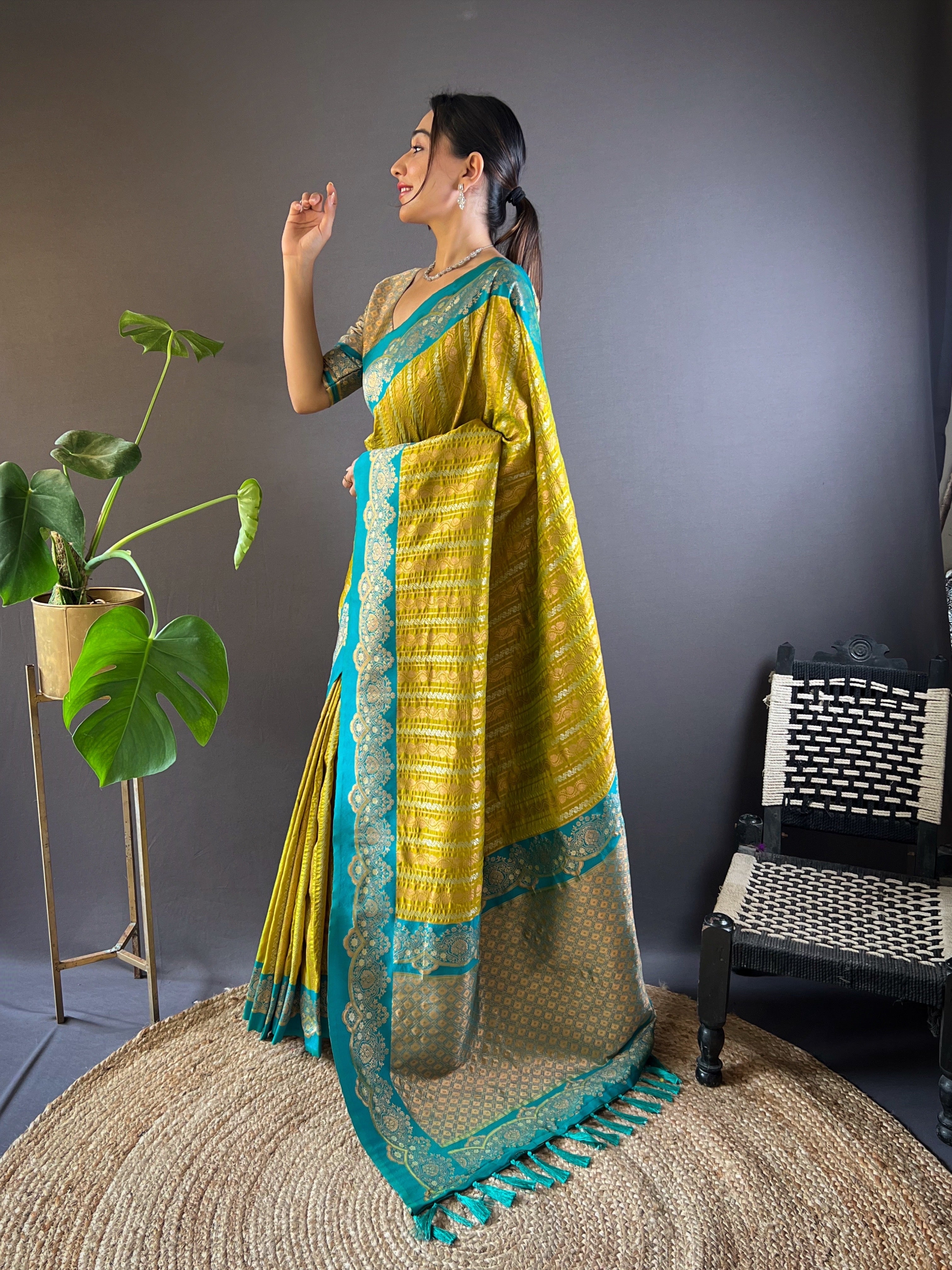 Mahendi Soft Silk Zari Border Saree