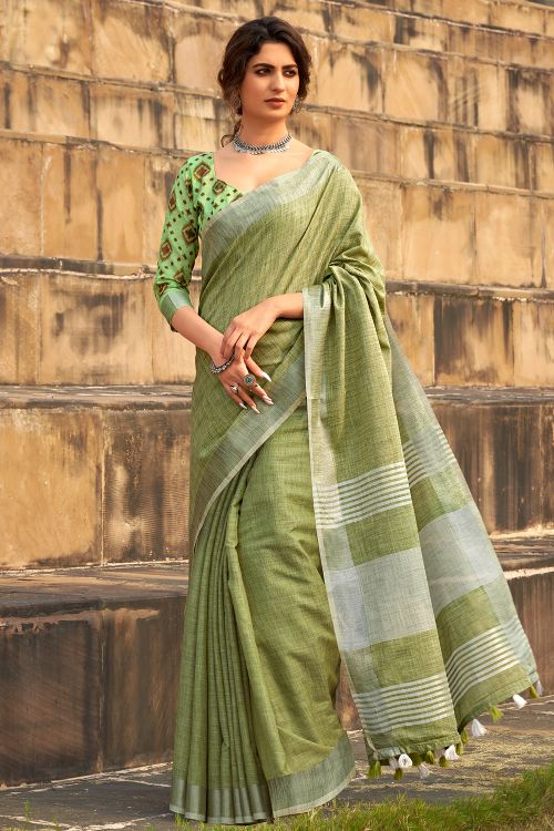 Fern Green Linen Saree