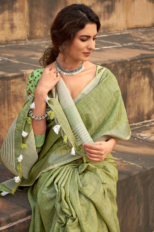 Fern Green Linen Saree