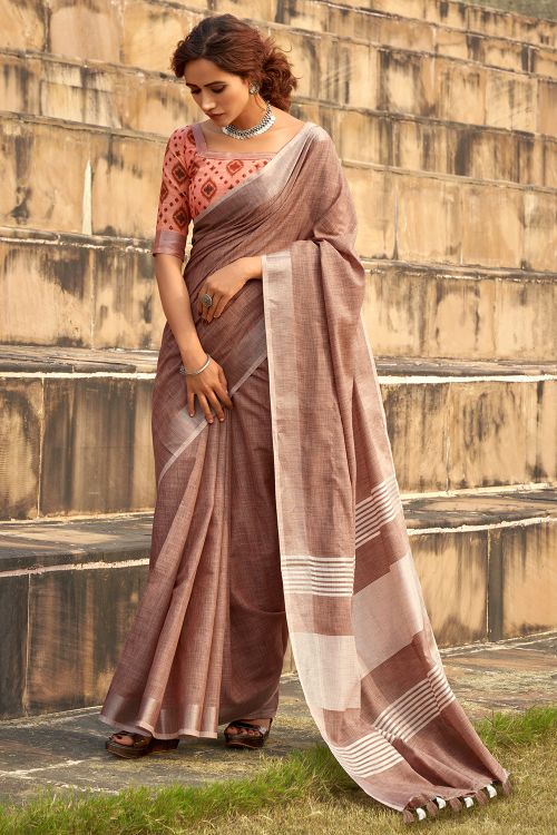 Sepia Brown Linen Saree