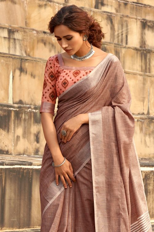 Sepia Brown Linen Saree